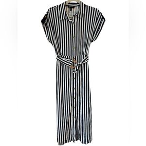 Ellen Tracy Black and White Striped Button-Front Maxi Dress with Belt